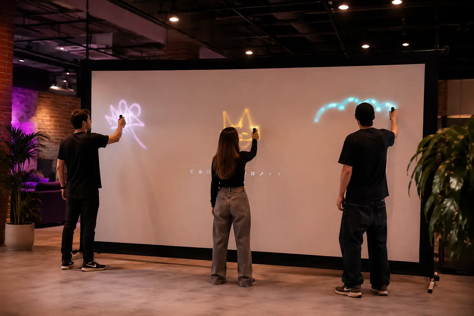 GraffWall Classique — trois personnes taguant en simultané sur un grand mur de projection numérique