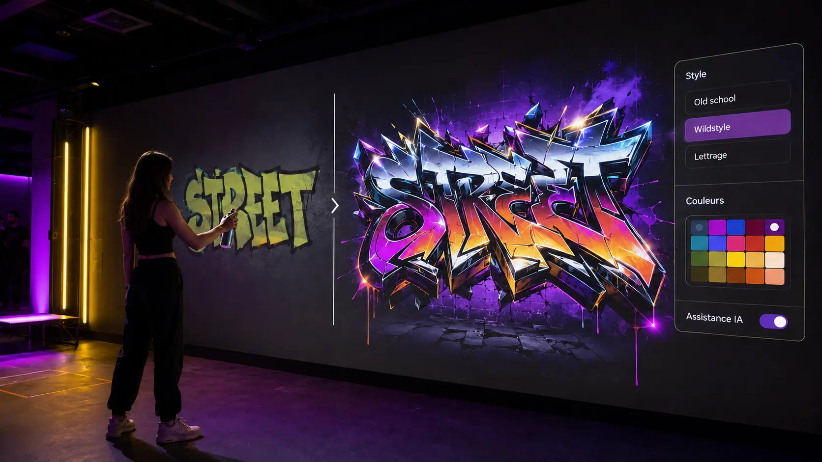 Atelier Graffiti Pro — un tag simple transformé en fresque wildstyle aboutie grâce à l'assistance IA