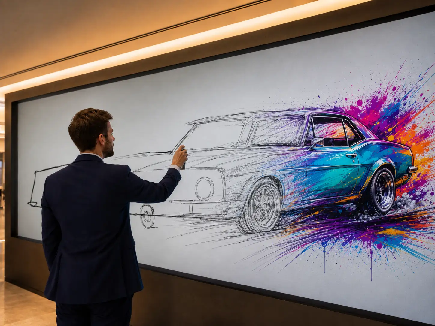 Atelier Graffiti Pro — résultat abouti avec assistance IA, fresque colorée sur grand écran