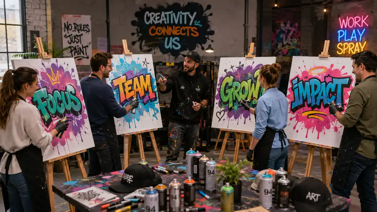 Fresque street art colorée pour présenter les partenaires Animation Graffiti